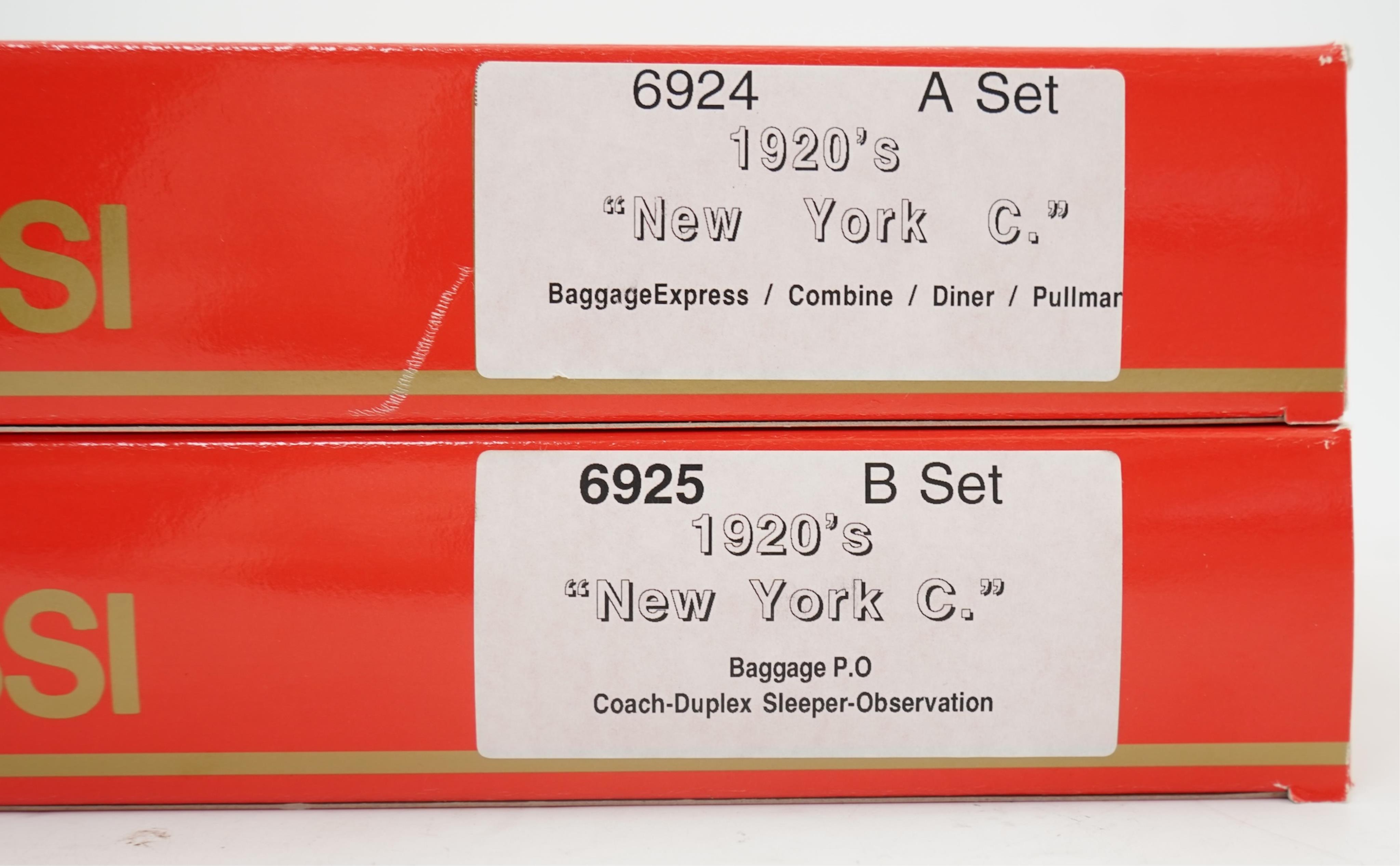 Two boxed Rivarossi 1920s New York Central Railroad coach packs; A Set (6924) and B Set (6925), both containing four coaches.